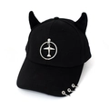 Detail of black baseball cap featuring devil horns and silver rings with plane pendant - Airplane Black