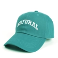Detailed close-up of teal cotton baseball cap with white NATURAL embroidery and stitching - Adjustable / Dark Green
