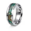 Macro detail of 8mm stainless steel ring featuring colorful abalone shell inlay - US 6 / Old Style Brown