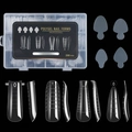 Macro view of clear nail extension molds with scale marks in a 288-piece diverse set - Nail Form Plate Set 03