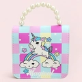 Kids unicorn handbag with checkered pattern and pearl handle in pink and blue colors - Unicorn 1-Checkerboard
