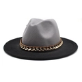 Close-up of wool fedora with gradient grey crown, black brim, and gold chain detail - M (56-58cm) / Grey + Black