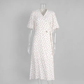 Detail of white cotton wrap dress with pink tulip floral print and puffed short sleeves - S / Pink