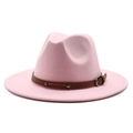 Detailed close-up of pink wool fedora hat with brown leather band and metal buckle - Pink