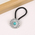 Western cowboy style black hair tie with silver pumpkin flower and turquoise stone - Silver Flower-Green