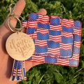 Detail of American flag pattern PU leather card holder with wooden tag and metal clasp - National Flag