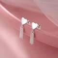 Silver heart earrings with elegant long chain tassels on soft pink silk fabric - Heart Tassel Pendant Style (A144)