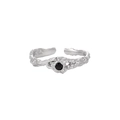 S925 sterling silver open ring featuring lava texture and a round black gemstone - Adjustable Open / Platinum Color (Black Stone)