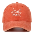 Detail of white Cat Mom embroidery on coral washed cotton vintage baseball cap - One Size / Orange