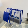 Blaue transparente PVC-Einkaufstasche mit Innentasche und Lederbesatz für Damen - Blau