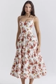 Dettaglio dell'abito floreale con schiena scoperta, stampa vintage e spalline sottili - S / Bianco Rosso Grandi Fiori