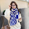Winter knitted scarf featuring blue and white checkered pattern for women in a warm style - One Size / Navy Checkerboard