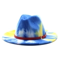 Tie-dye felt fedora hat in blue, yellow, and white with red leather band and gold buckle - M (56-58cm) / Blue Yellow #4