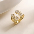 18K vergoldeter Ring mit Tropfen-Zirkonia und strukturierter Ringschiene für Damen - Wassertropfen-Blatt-Gegenüberliegender Stil (14550) / Gold / Einstellbar Offen
