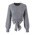 Grey cropped cable knit sweater with long sleeves and large bow detail at the hem - S / Gray