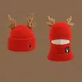 Red Christmas knitted hat set with plush reindeer antlers and ear protection scarf - 4481-Dual Use Antler Style / Red