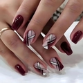 Long square press-on nails featuring burgundy geometric patterns and silver glitter accents - Dark Burgundy Geometric Glitter Style (CW243)