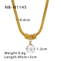 Golden snake chain necklace with 1.2cm pearl pendant and size specs on white background - Gold Pearl Pendant Style (NB-N1145)