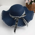 Detail of blue straw hat featuring white scalloped edges and bow ribbon decoration - Navy Blue