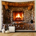Detalle de un tapiz bohemio con una escena de chimenea realista y acogedora textura de piedra - 73X95CM / Tela Cepillada
