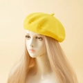 Classic bright yellow faux cashmere beret hat for women with a minimalist wool texture - One Size / Yellow
