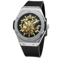 Men's skeleton automatic mechanical watch with silver steel case and black rubber strap - Black Skeleton Gold Movement