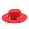 Detailed view of wide brim red wool felt hat featuring a chunky silver chain strap - M (56-58cm) / Red
