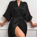 Elegant black satin kimono bathrobe with waist tie for women's home loungewear set - S / Black