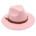 Close-up of pink wool fedora hat with brown leather belt buckle strap and metal pin detail - Pink (Brown Belt)