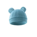 Detail view of a soft blue knitted baby hat featuring cute bear ear decorations on white - One Size / Fog Blue