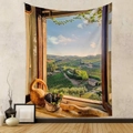 Detail of bohemian tapestry showing a realistic window view of vineyards and mountains - Pastoral Vineyard Scenery (GT230323)