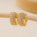 Chunky gold hoop earrings with multi-row pave cubic zirconia on a minimalist wood stand - EH412013 Thick Hoop