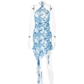 Minivestido halter con estampado tie-dye azul y blanco y dobladillo asimétrico volantes - S / Azul
