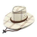 Classic western checkered straw cowboy hat with adjustable chin strap and air vents - M (56-58cm) / Light Beige Dark Brown Thin Grid (06)