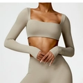 Beige square neck long sleeve crop top with thumbholes and high waist yoga leggings set - S / Camel Brown