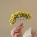 Makroansicht der gelben Blumen-Haarnadel mit fächerförmigem goldenem Metallrahmen - Gelb