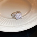 Close-up of geometric heart-shaped silver ring with square zircon stone and micro-pave diamonds - Large Square Clear Gemstone Open Ring (16# Ring-Silver Square)