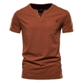 Men's slim fit cotton Henley T-shirt in caramel brown with chest pocket and three buttons - Orange Red