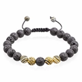 Détail macro de perles de lave 8mm et de résine rayée sur un bracelet tissé ajustable - Style de Perles à Rayures Jaunes et Noires Tressées (Style-05)