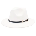 Detail of white fedora hat with wide brim, black leather band, and gold horsebit buckle - M (56-58cm) / White