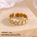 Adjustable golden stainless steel open ring with continuous white heart shaped enamel pattern - Heart Enamel Style