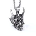 Collana con ciondolo a maschera Hannya giapponese in argento antico da uomo - Colore Acciaio (E405-1)
