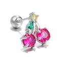 Silver cherry cartilage piercing stud with pink zircon stones and screw ball back - Silver Cherry (EGD0012)