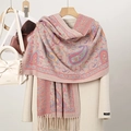 Pink paisley core-spun yarn scarf with tassels styled on a beige coat for winter - Pink Blue Yellow Red (T488-01)