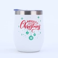 Close-up of a white 12oz egg-shaped tumbler with Merry Christmas print and clear lid - Style 18 / 12oz