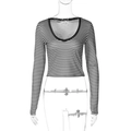 Chic black and white striped long sleeve V-neck crop top on a clear mannequin - S / Black