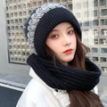 Black and white winter knit hat with pom-pom and matching thick fleece scarf set - Pattern Style / Black