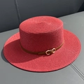 Flat top red straw boater hat with a brown leather band and gold buckle detail - M (56-58cm) / Red
