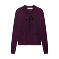 Elegante cárdigan de punto morado oscuro para mujer con lazo al cuello y bolsillos frontales - S / Fucsia