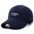 Navy blue corduroy baseball cap with white embroidered letters and curved brim - Adjustable / Navy Blue